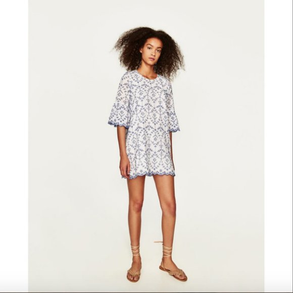 BLOGGER'S FAVE! Zara Boho Embroidered Mini Dress White/Blue Sz S NWT - Picture 9 of 10